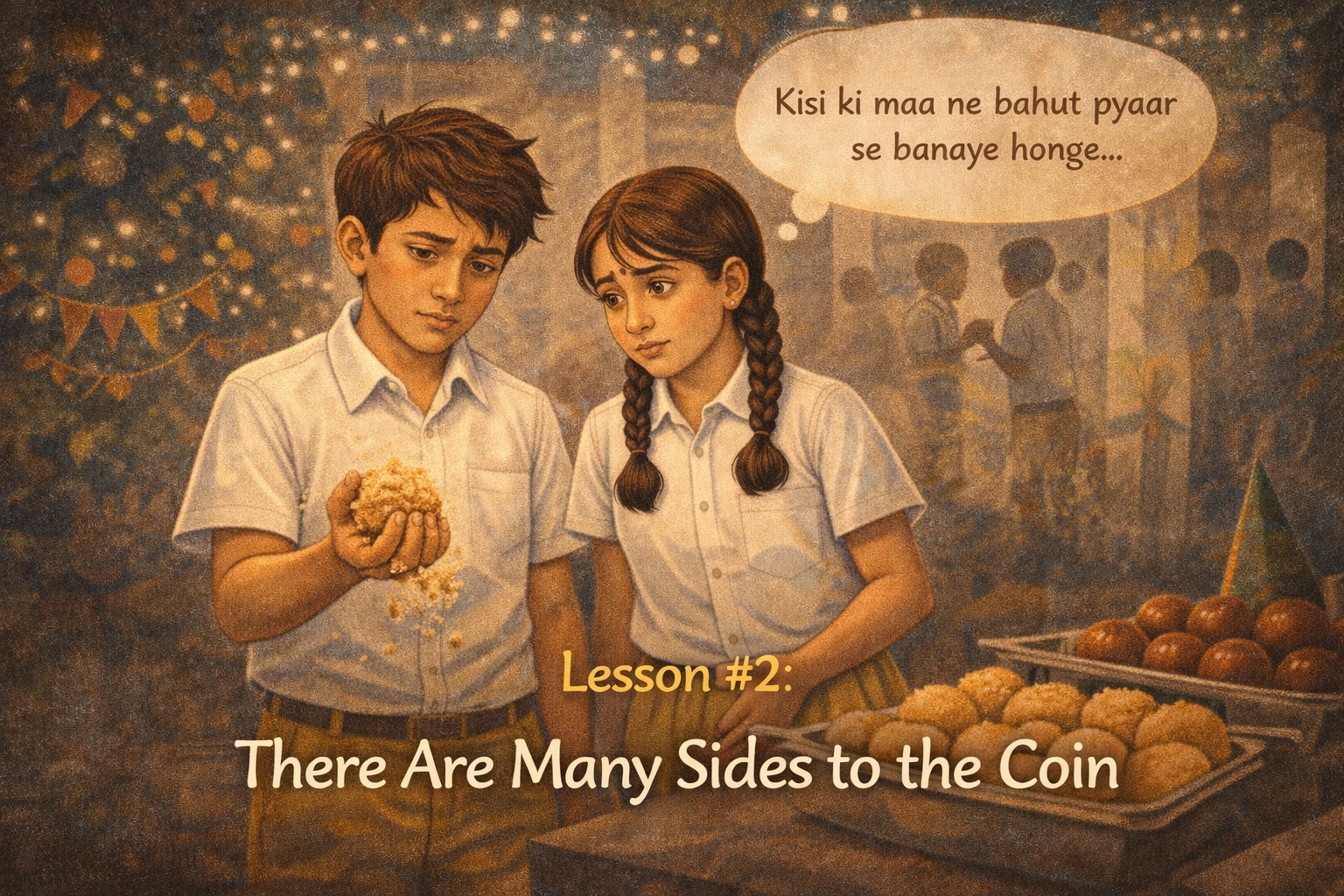 Crescent school students in yellow and white uniforms reacting to a crumbling ladoo during a Christmas celebration
