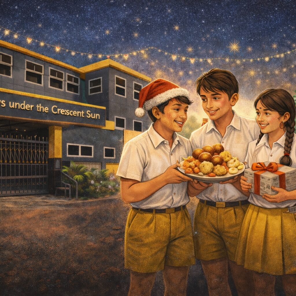 Illustration of Crescent school students in yellow and white uniforms celebrating Christmas outside their school