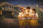 Illustration of Crescent school students in yellow and white uniforms celebrating Christmas outside their school
