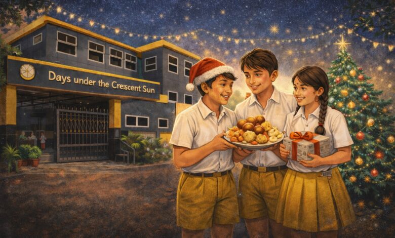 Illustration of Crescent school students in yellow and white uniforms celebrating Christmas outside their school