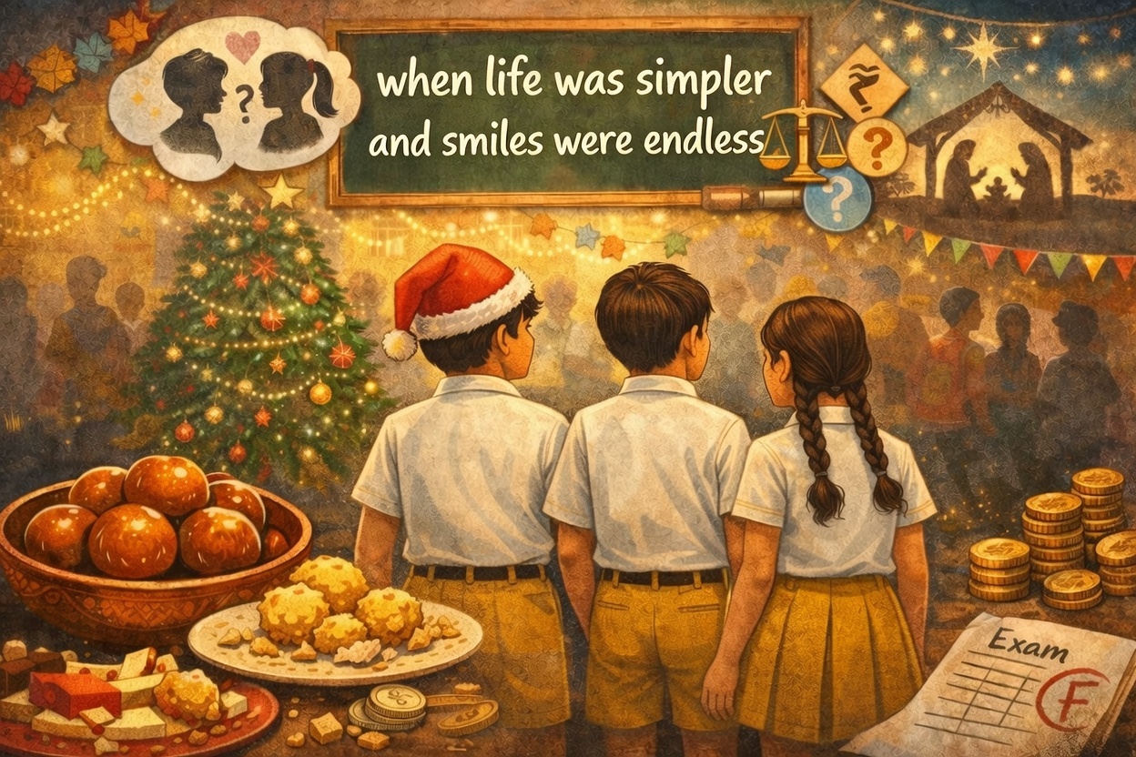 Crescent school students in yellow and white uniforms standing together during a Christmas celebration at school













