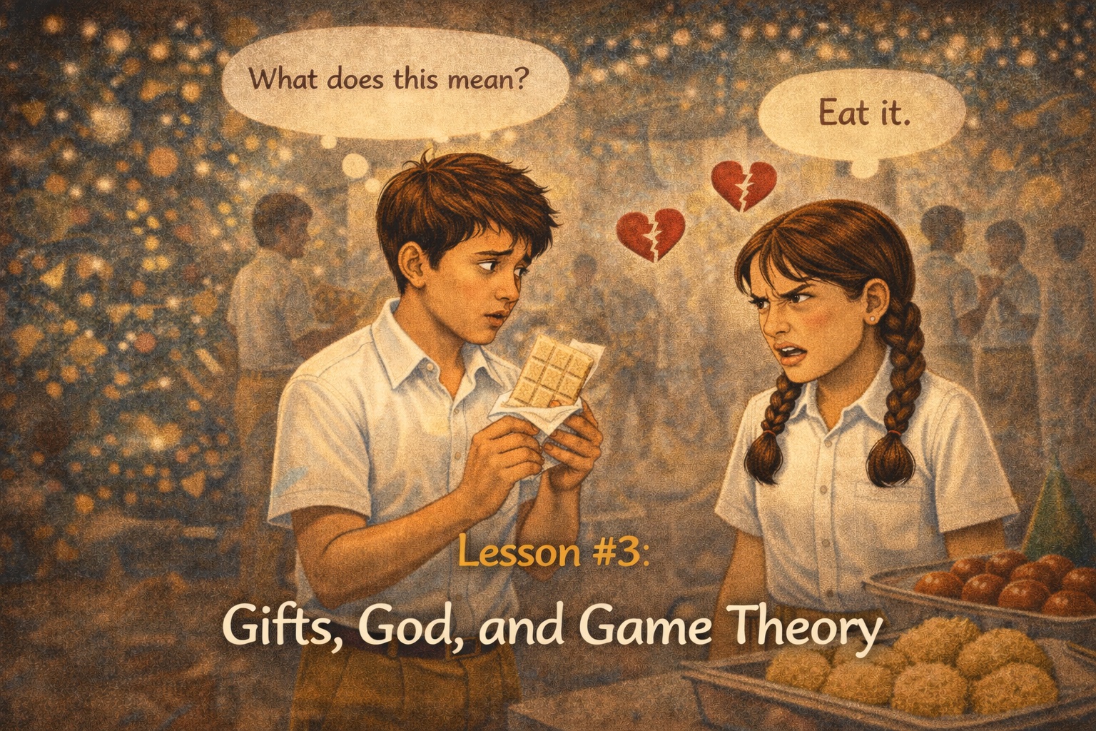 Crescent school students in yellow and white uniforms during a Christmas gift exchange, showing confusion and heartbreak
